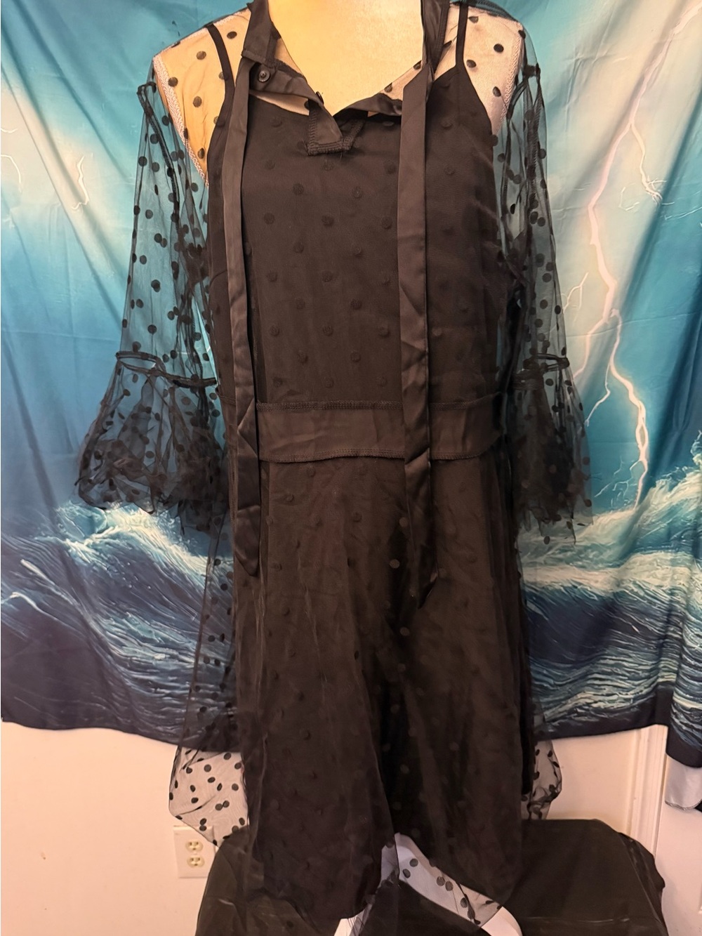 Black Polka Dot Midi Dress with Sheer Puff Sleeves